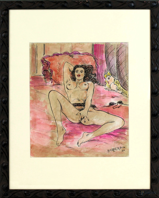 Scena erotica, tecnica mista su carta, cm 27,5x23, firmato, entro cornice.  - Asta ASTA DI ARTE MODERNA E ANTIQUARIATO - Aste Pirone