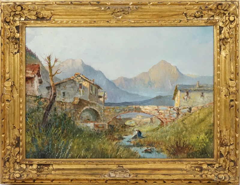 Scorcio di paese montano, olio su compensato, cm 50x70, firmato G.Cappalesora, entro cornice.  - Asta II TORNATA DI ASTA DI ARTE MODERNA E ANTIQUARIATO - Aste Pirone