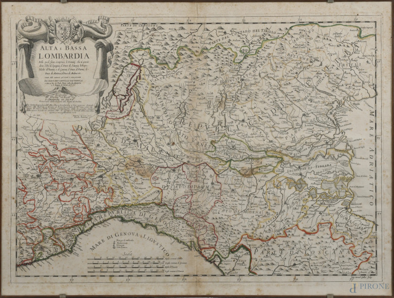 Incisione raffigurante carta geografica dell'Alta e Bassa Lombardia, XIX-XX secolo, cm 46,5x62,5, entro cornice, (segni di usura, tracce di umidità e piegatura, foxing, gore, difetti)  - Asta ASTA A TEMPO | ELECTA - Aste Pirone