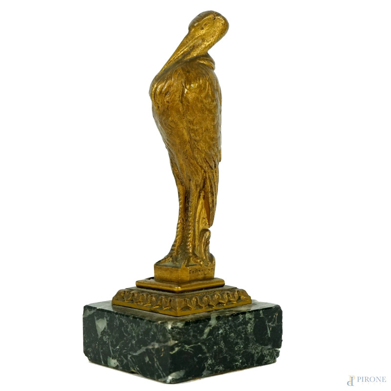 Sigillo in bronzo raffigurante pellicano, cm h 10,5, firmato, base in marmo verde, (difetti)  - Asta I TORNATA DI ASTA A TEMPO DI ARTE MODERNA E ANTIQUARIATO - Aste Pirone