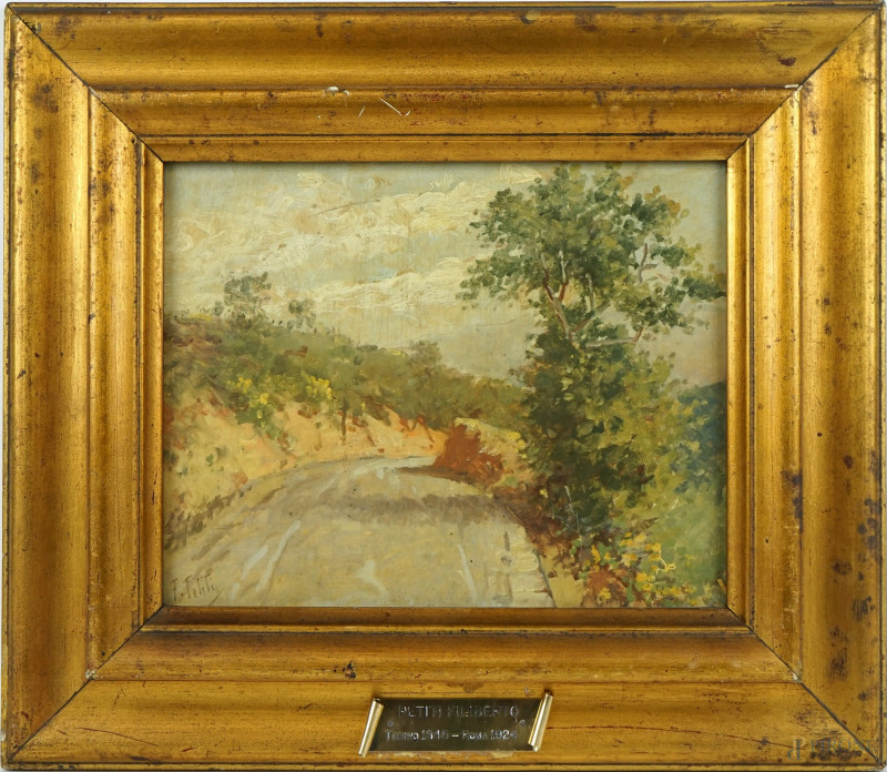 Scorcio di strada, olio su cartone, cm 20x25,  firmato Petiti, entro cornice  - Asta ASTA DI ANTIQUARIATO E ARTE MODERNA - Aste Pirone