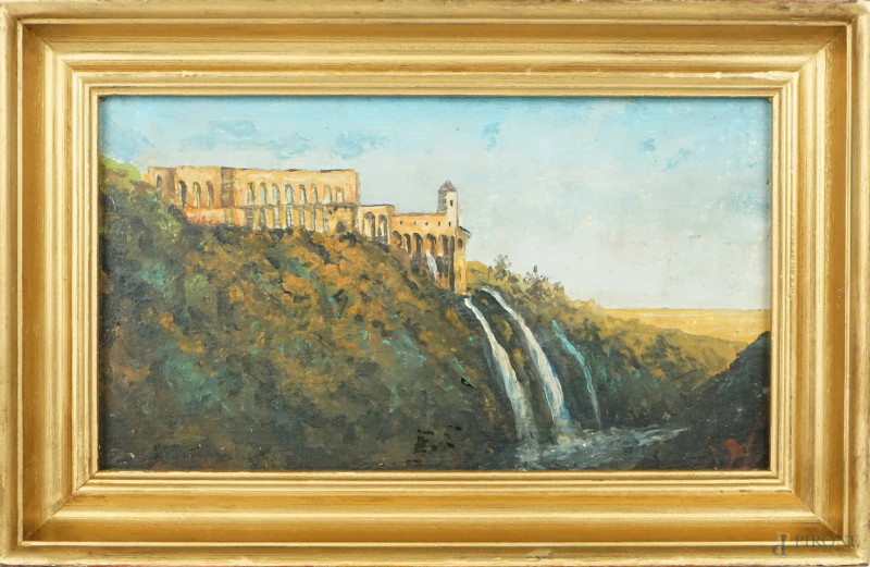 Veduta di Tivoli, olio su tavola, cm 18x31, firmato, entro cornice.  - Asta ASTA DI ANTIQUARIATO - Aste Pirone