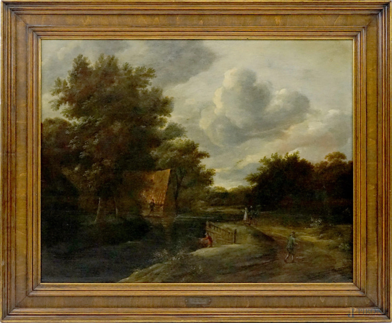 Pittore olandese del XVII secolo, Paesaggio con canale e figure, olio su tavola, cm 64x82, entro cornice  - Asta ASTA A TEMPO DI ANTIQUARIATO E ARTE MODERNA - Aste Pirone