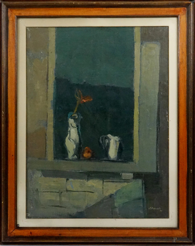 Epifanio Pozzato : Oggetti sul davanzale, olio su tela, cm 80x59, entro cornice, (difetti)  - Asta ASTA DI ARTE MODERNA, CONTEMPORANEA E VINTAGE - Aste Pirone