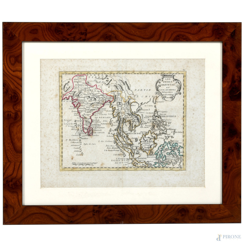 Indie Orientali, incisione cartografica, XX secolo, cm 33x41 compreso passepartout, (umidità, foxing, gore, piegature)  - Asta  ASTA A TEMPO | VARIÆ - Aste Pirone