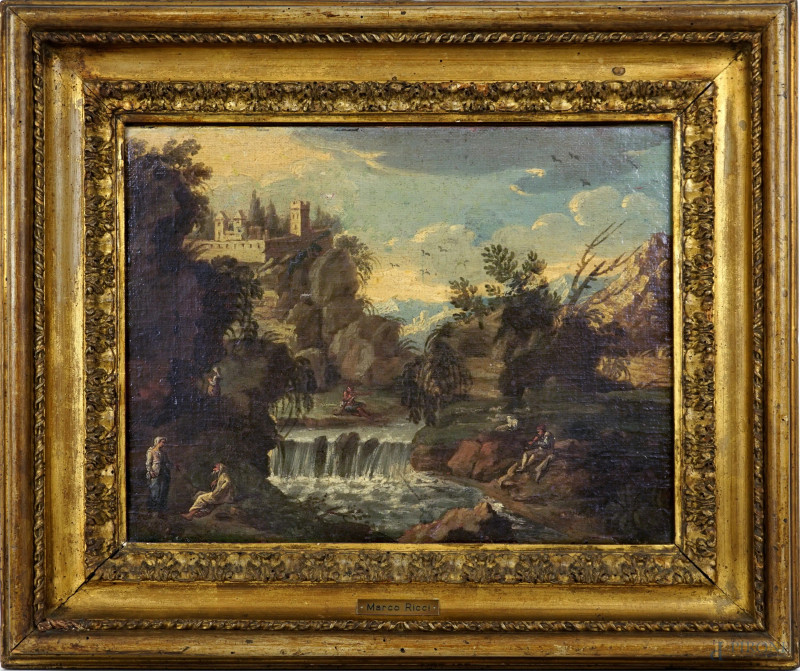 Marco Ricci (1676-1730) attribuito a, Paesaggio con figure, olio su tela, cm 26,5x35, entro cornice.  - Asta ASTA DI ANTIQUARIATO E ARTE MODERNA - Aste Pirone