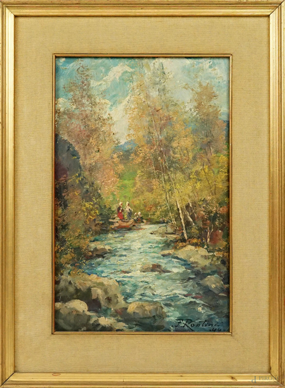 Ferruccio Rontini : Il torrente, Mugello, olio su tavola, cm 41x26, entro cornice.  - Asta ASTA A TEMPO DI ANTIQUARIATO E ARTE MODERNA - Aste Pirone