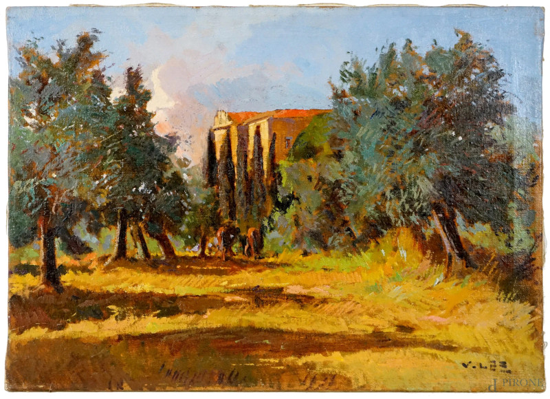 Angiolo Volpe : Fattoria terriccio, olio su tela, cm 50x70.  - Asta I TORNATA DI ASTA A TEMPO DI ARTE MODERNA E ANTIQUARIATO - Aste Pirone