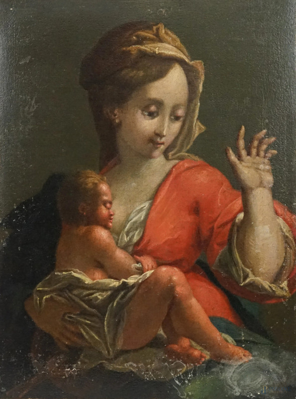 Pittore del XVII secolo, Madonna col Bambino, olio su tela, cm 50x37, (difetti)  - Asta ASTA A TEMPO DI ANTIQUARIATO E ARTE MODERNA - Aste Pirone