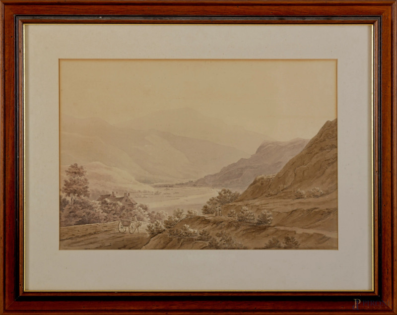 Veduta di valle con figure,  scuola inglese, XIX secolo, acquerello su carta, cm 51x67 compreso passepartout, entro cornice  - Asta ASTA A TEMPO | VARIÆ - Aste Pirone