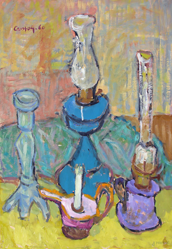 Gianni Crispo : Composizione con lampade a petrolio e candela, 1960, olio su carta, cm 67x48, firmato e datato in alto a sinistra  - Asta Asta a Tempo di Antiquariato e Arte Moderna - Aste Pirone