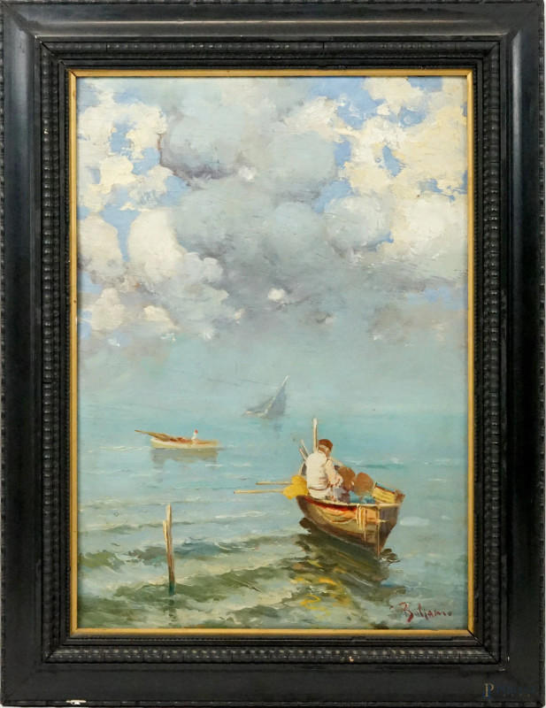 Pescatore, olio su compensato, cm 49x35, firmato, entro cornice  - Asta ASTA A TEMPO DI ANTIQUARIATO E ARTE MODERNA - Aste Pirone