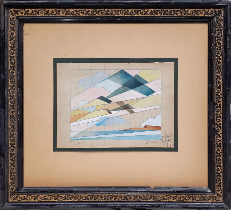 Aeropittore del Novecento, Futuraerei, aeropittura a tecnica mista su carta del Maestro Vittorio Caproni (XX sec.), cm 15x20,5, firmato e titolato, reca timbro dell’Artista, entro cornice.  - Asta PRIMA TORNATA D' ASTA A TEMPO DI FINE STAGIONE - Aste Pirone