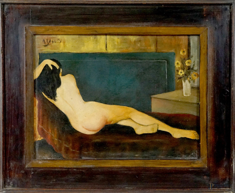 Nudo di donna sdraiata, olio su cartone telato, cm 28,5x39,5, firmato, entro cornice, (difetti).  - Asta I TORNATA DI ASTA A TEMPO DI ARTE MODERNA E ANTIQUARIATO - Aste Pirone