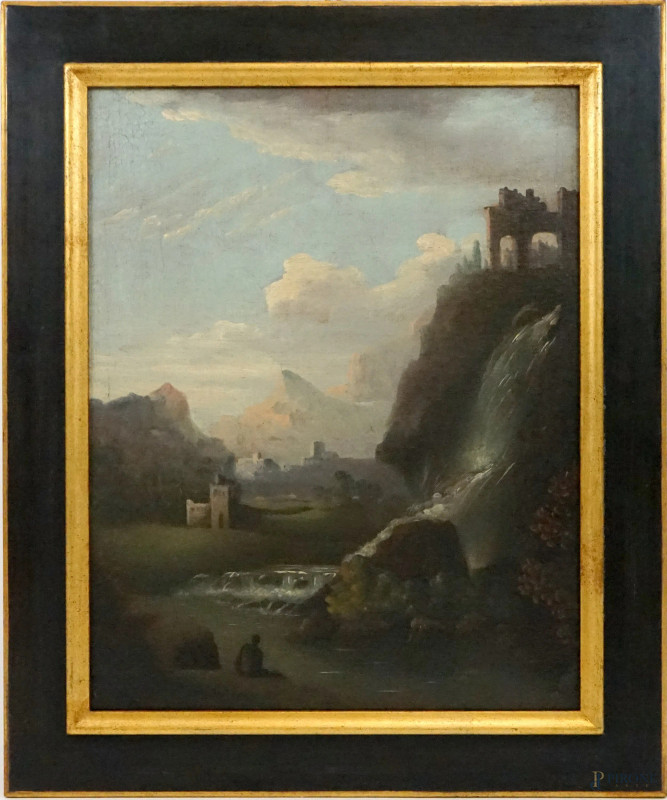 Pittore del XVIII secolo, Paesaggio laziale con cascata e figure, olio su tela, cm 62x48,5, entro cornice  - Asta ASTA DI ANTIQUARIATO E ARTE MODERNA - Aste Pirone