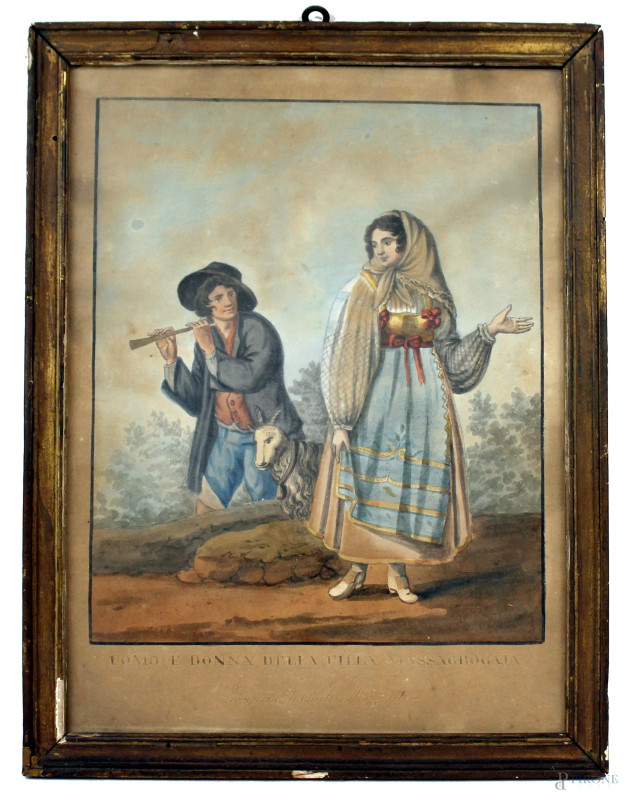 Uomo e donna della Villa di Massagrogaja, acquarello su carta, cm 33x25, XIX secolo, entro cornice.  - Asta ANTIQUARIATO E ARTE MODERNA - Aste Pirone