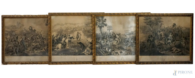 Quattro stampe raffiguranti scene di battaglie, cm 52x61,5 circa, XX secolo, entro cornici, (difetti).  - Asta ASTA A TEMPO DI FINE STAGIONE - Aste Pirone