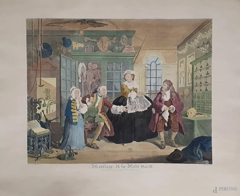 William Hogarth (1697-1764), Marriage alla mode - Plate 3, dis. W. Hogarth, engraved T.Cook, antica incisione acquarellata, cm 50x60  - Asta II TORNATA DI ASTA DI ARTE MODERNA E ANTIQUARIATO - Aste Pirone