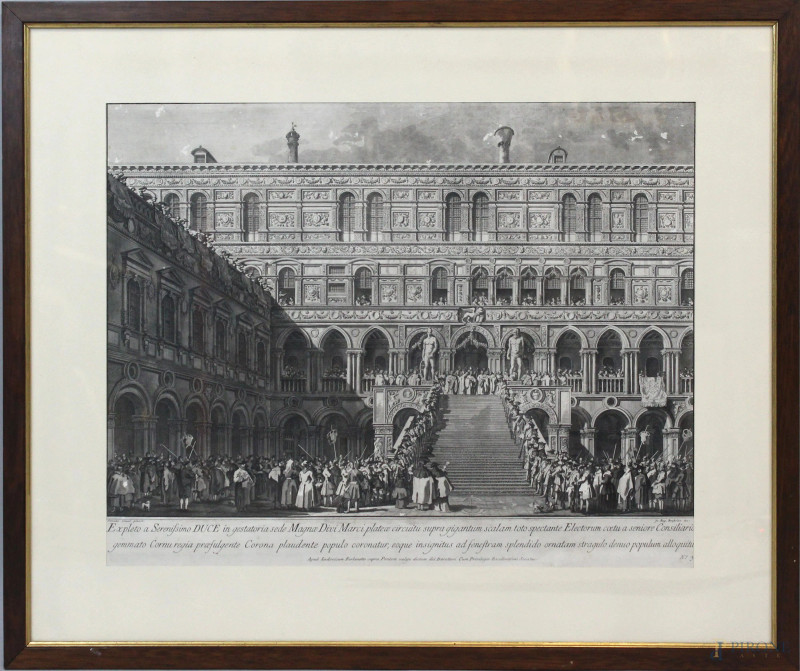 Incisione raffigurante l'Incoronazione del Doge sulla scala dei Giganti a Venezia, cm 43,5,x54, pittore Giovanni Antonio Canal (1697-1768), incisore Giambattista Brustolon (1716/18-1796), entro cornice, (lievi difetti).  - Asta ASTA DI ARTE MODERNA E ANTIQUARIATO - Aste Pirone