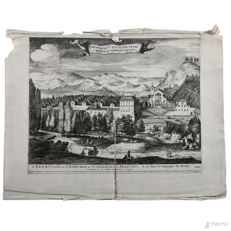 L'Eremo di S. Romualdo di Camaldoli a Frascati, XVIII secolo, incisione su carta, cm 50x65, (segni di usura, tracce di umidità, gore, foxing, lacerazioni della carta, tracce di piegatura)  - Asta RAPIDA SOLIS - Aste Pirone