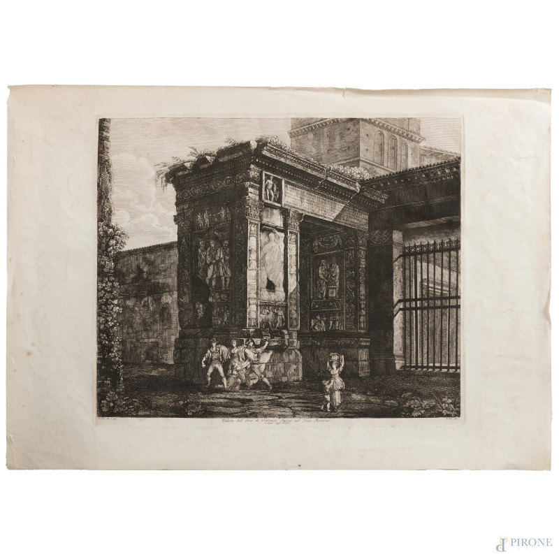 Luigi Rossini, (1790 – 1857) Veduta dell'Arco di Settimio Severo nel Foro Boario, acquaforte a tiratura coeva, foglio cm 50x71, (segni di usura, piegature, foxing, piccole lacerazioni, tracce di umidità)  - Asta ASTA A TEMPO | PICTA MANENT - Aste Pirone