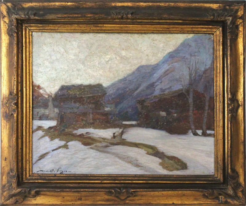 Mario Moretti Foggia : Paesaggio montano, olio su tavola, cm 33x42, entro cornice  - Asta PRIMA TORNATA D' ASTA A TEMPO DI FINE STAGIONE - Aste Pirone