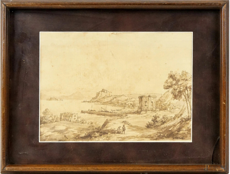 Castello di Baia, seppia su carta, cm 16,5x25 circa, firmato Vianelli, entro cornice  - Asta I TORNATA DI ASTA A TEMPO DI ARTE MODERNA E ANTIQUARIATO - Aste Pirone