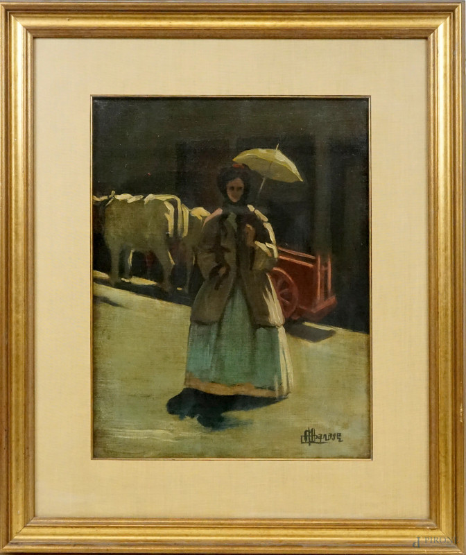 Donna con ombrellino, olio su tela, cm 45x35, firmato Albanese, entro cornice.  - Asta ASTA A TEMPO DI ANTIQUARIATO E ARTE MODERNA - Aste Pirone