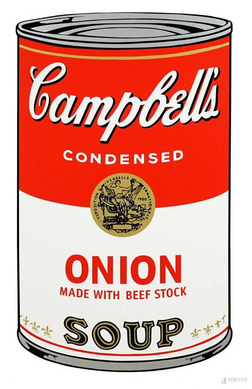 After Andy Warhol (1928-1987), Campbell's  Onion Soup, Sunday B. Morning , 2000ca., serigrafia a colori su carta, cm 89x58,5, con timbro blu sul retro: "Fill in your signature" e "Published by Sunday B.Morning", (difetti sulla carta).  - Asta I TORNATA DI ASTA A TEMPO DI ARTE MODERNA E ANTIQUARIATO - Aste Pirone