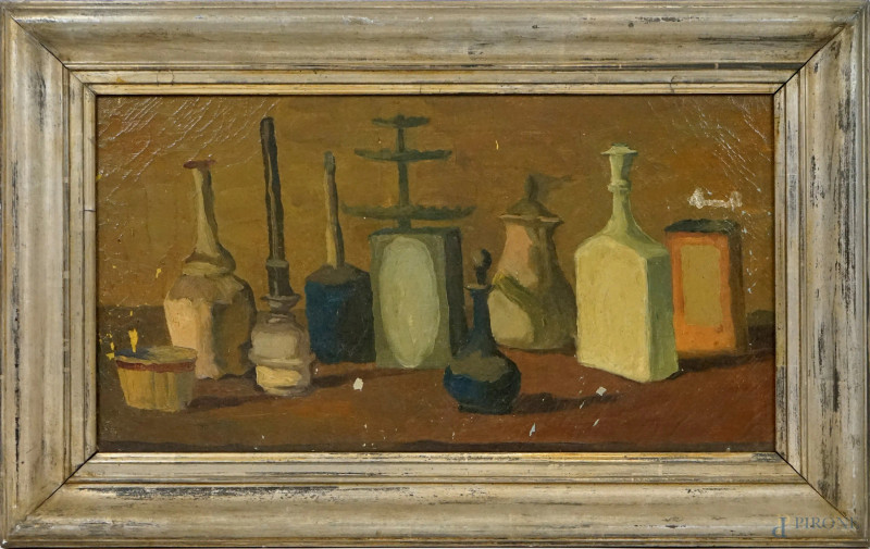 Bottiglie, olio su tela, cm 35x64,5, XX secolo, entro cornice, (cadute di colore).  - Asta ASTA DI ANTIQUARIATO E ARTE MODERNA - Aste Pirone