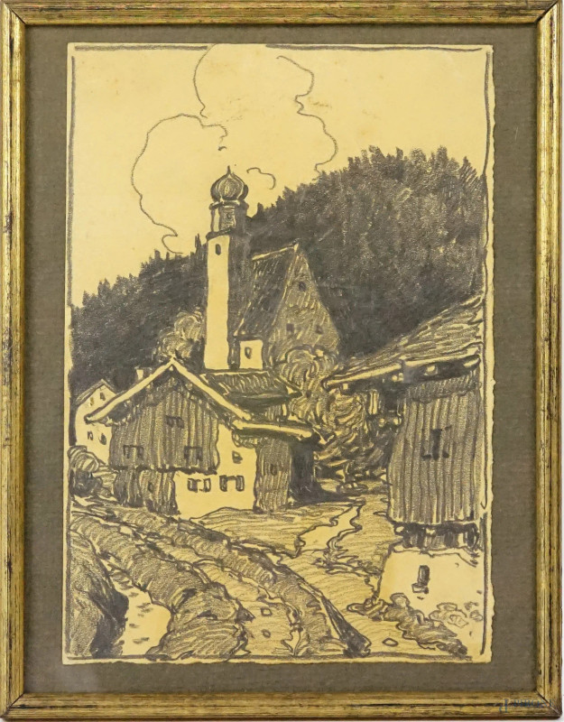 Artista post-impressionista, paesaggio montano, matita su carta, cm 24x16,5, entro cornice  - Asta ASTA A TEMPO DI ANTIQUARIATO E ARTE MODERNA - Aste Pirone