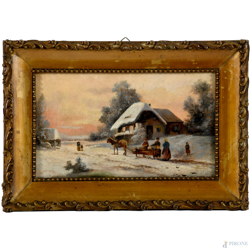 Paesaggio innevato con figure, olio su compensato, cm 18x30, entro cornice  - Asta ASTA A TEMPO | VARIÆ - Aste Pirone