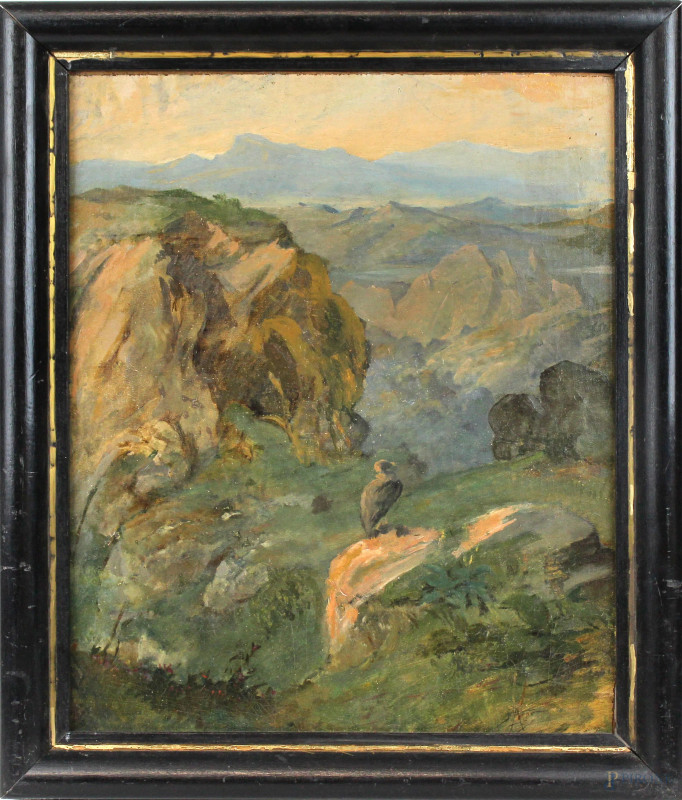 Paesaggio montano con aquila, olio su tela applicata su masonite, cm 47x38, firmato, entro cornice.  - Asta ASTA DI ARTE MODERNA E ANTIQUARIATO - Aste Pirone