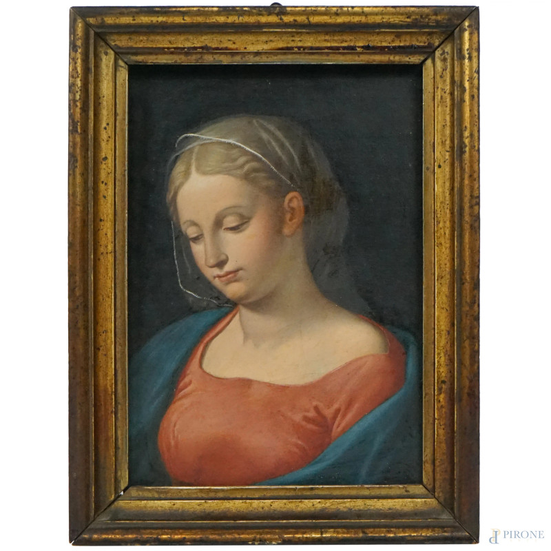 Pittore del XIX secolo, Vergine con il velo, olio su tela, cm 21,5x15,5, entro cornice.  - Asta ASTA A TEMPO DI ANTIQUARIATO E ARTE MODERNA - Aste Pirone