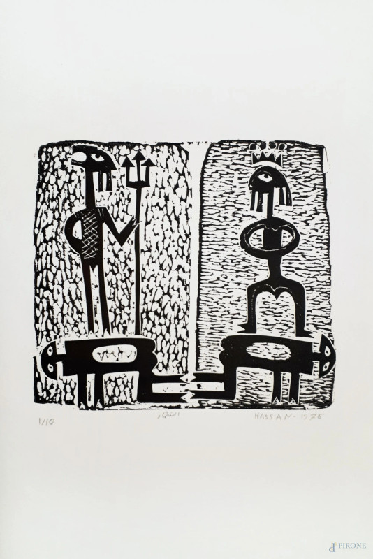 Hassan, Figure, 1976, linoincisione calcografica su carta, esemplare 2/10, cm 50x35, firma titolo, numerazione e data, eccellenti condizioni di conservazione  - Asta ASTA A TEMPO di Arte Moderna e Antiquariato - Aste Pirone