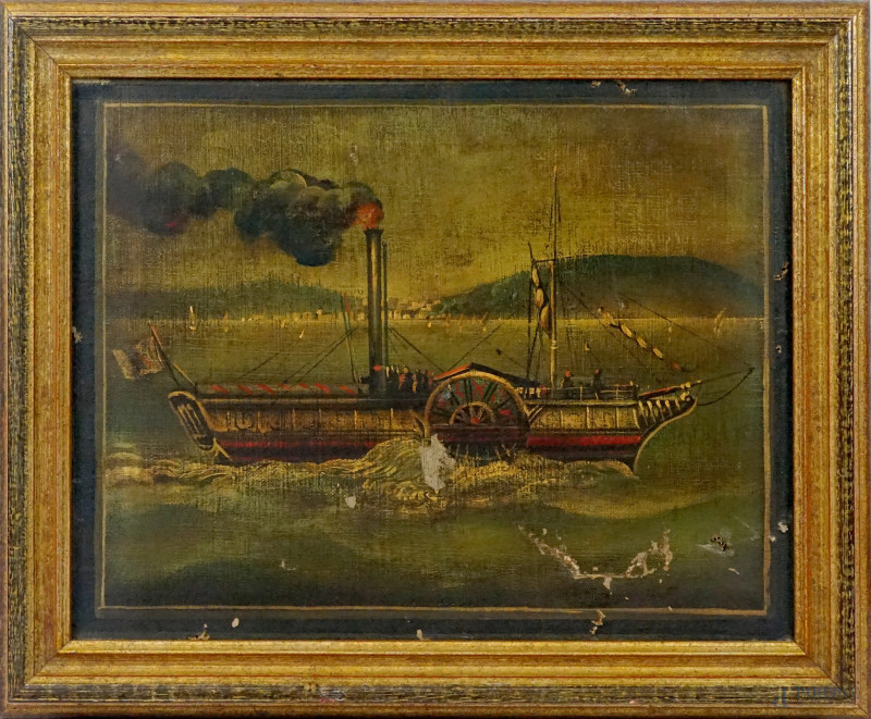 Il vaporetto, olio su tela, cm 35x45, fine XIX secolo, entro cornice, (difetti sulla tela).  - Asta ASTA A TEMPO DI ANTIQUARIATO E ARTE MODERNA - Aste Pirone