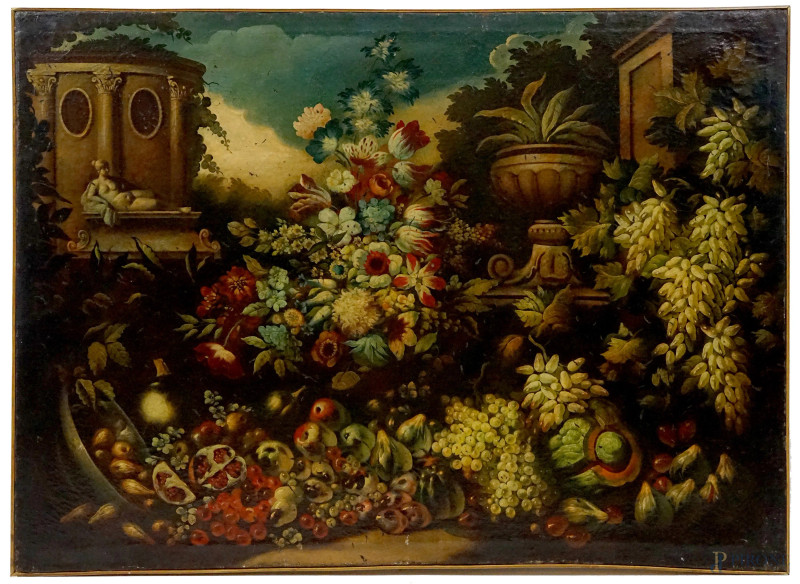 Scuola napoletana, XVIII secolo, Natura morta con frutta e fiori, olio su tela, cm 94x133,5, piccole cadute di colore  - Asta ASTA A TEMPO DI ANTIQUARIATO E ARTE MODERNA - Aste Pirone