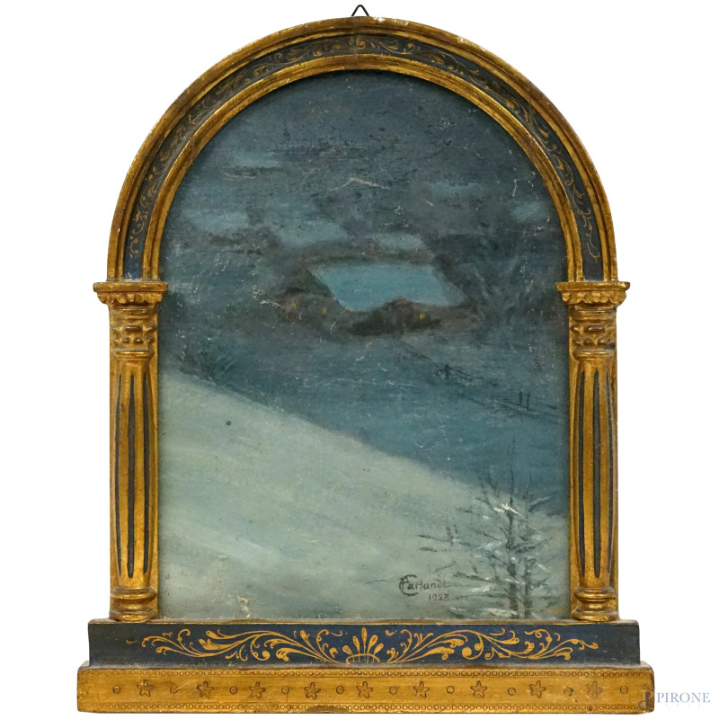 Viale innevato con case, olio su cartone, cm 25x18, firmato e datato, entro cornice in legno dorato e laccato a forma di lunetta.  - Asta ASTA A TEMPO di Arte Moderna e Antiquariato - Aste Pirone