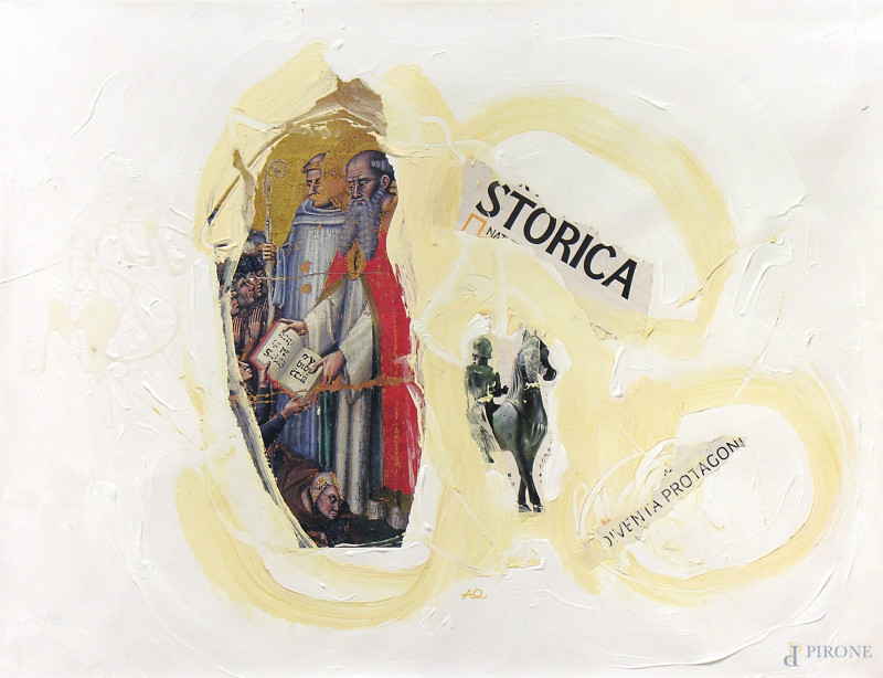 Composizione astratta, acrilici e collage su tela, cm 38x48, siglato in basso al centro, timbro e firma al retro, con autentica, entro cornice  - Asta ASTA DI ARTE MODERNA E ANTIQUARIATO - Aste Pirone