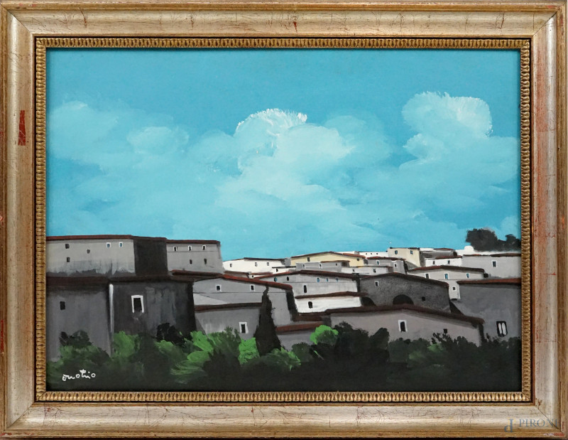 Enotrio Pugliese : Paesaggio calabrese, olio su compensato, cm 50x70, entro cornice.  - Asta ASTA A TEMPO DI ANTIQUARIATO E ARTE MODERNA - Aste Pirone