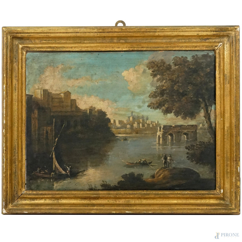 Ponte rotto e l'isola tiberina, olio su rame, cm 24,5x33, firma a tergo, entro cornice, (difetti)  - Asta ASTA LIVE DI ANTIQUARIATO E ARTE MODERNA – DUE SESSIONI POMERIDIANE - Aste Pirone