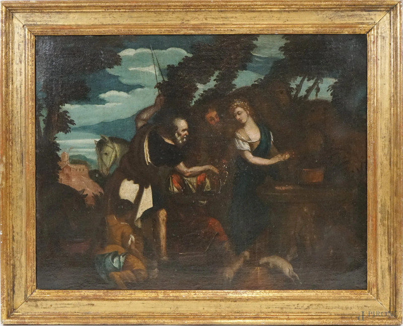 Scuola dell'Italia Centrale, fine XVII secolo, Iliezer e Rebecca al pozzo, Iliezer e Rebecca al pozzo, olio su tela, cm 60x76  - Asta II TORNATA DI ASTA DI ARTE MODERNA E ANTIQUARIATO - Aste Pirone