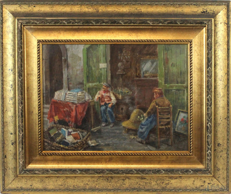 L'antiquario, olio su tavola, cm 30x40, firmato, entro cornice.  - Asta ANTIQUARIATO E ARTE MODERNA - Aste Pirone