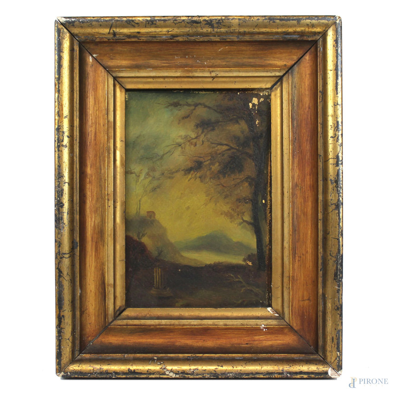 Paesaggio con rovine, olio su cartone, cm 22x14,5, inizi XX secolo, entro cornice, (difetti).  - Asta ASTA DI ARTE MODERNA E ANTIQUARIATO - Aste Pirone