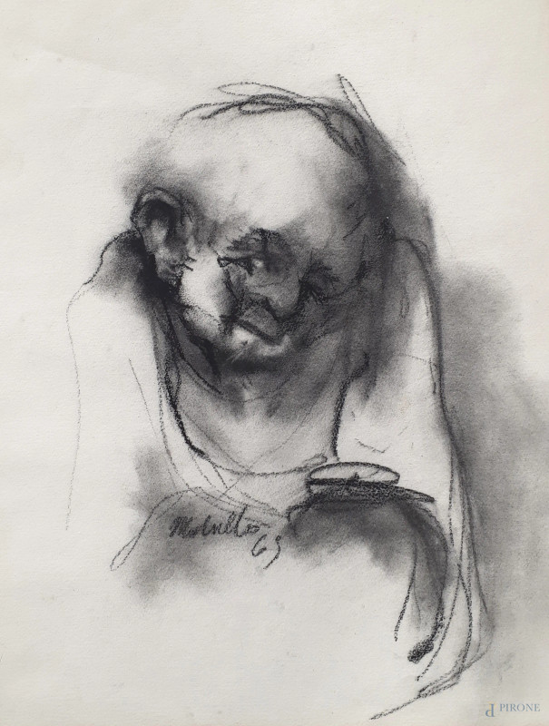 Artista espressionista del Novecento, Figura maschile, 1969, carboncino su carta, cm 63x50, firmato e datato  - Asta PRIMA TORNATA D' ASTA A TEMPO DI FINE STAGIONE - Aste Pirone