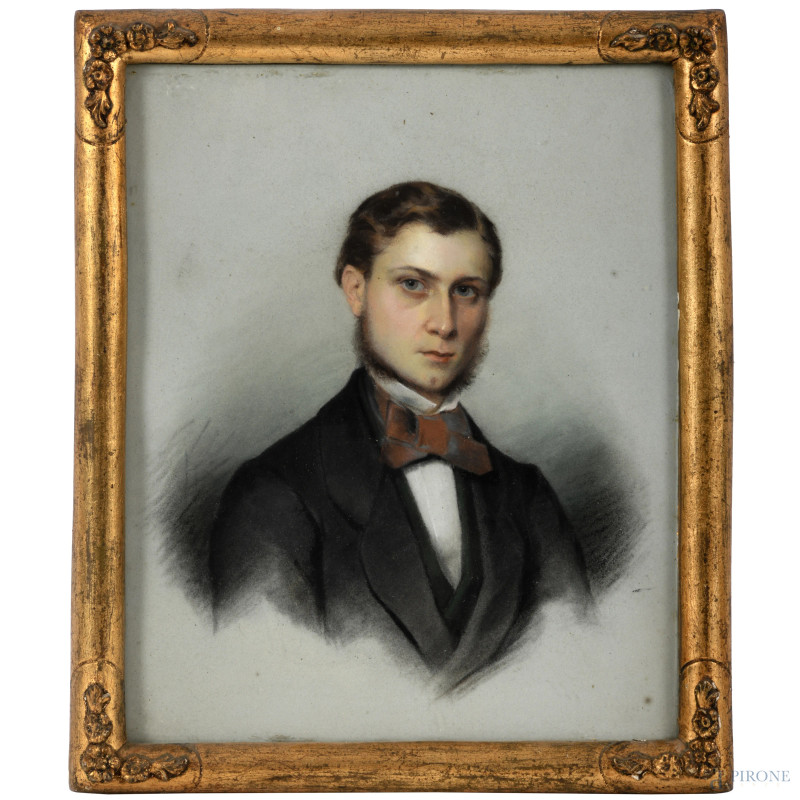 Ritratto di giovane nobiluomo, cm 28,5x22,5 entro cornice, pastello su carta, XIX secolo, (difetti)  - Asta ASTA A TEMPO | IN ARTE VERITAS - Aste Pirone
