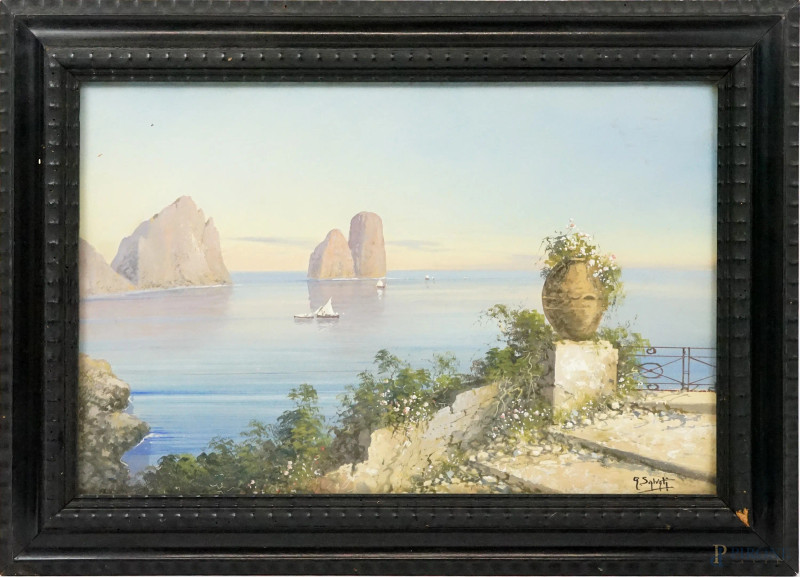 Faraglioni di Capri, tempera su carta, cm 32x49, firmato G. Salvati, entro cornice.  - Asta ASTA A TEMPO DI ANTIQUARIATO E ARTE MODERNA - Aste Pirone