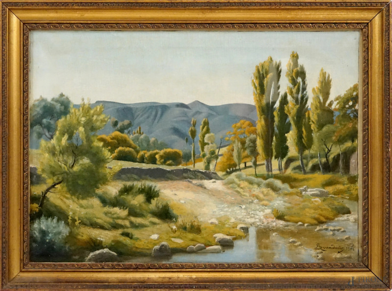 Paesaggio montano con alberi e fiume, olio su tela, cm 47x65, firmato, entro cornice.  - Asta ASTA A TEMPO DI ANTIQUARIATO E ARTE MODERNA – DUE SESSIONI - Aste Pirone