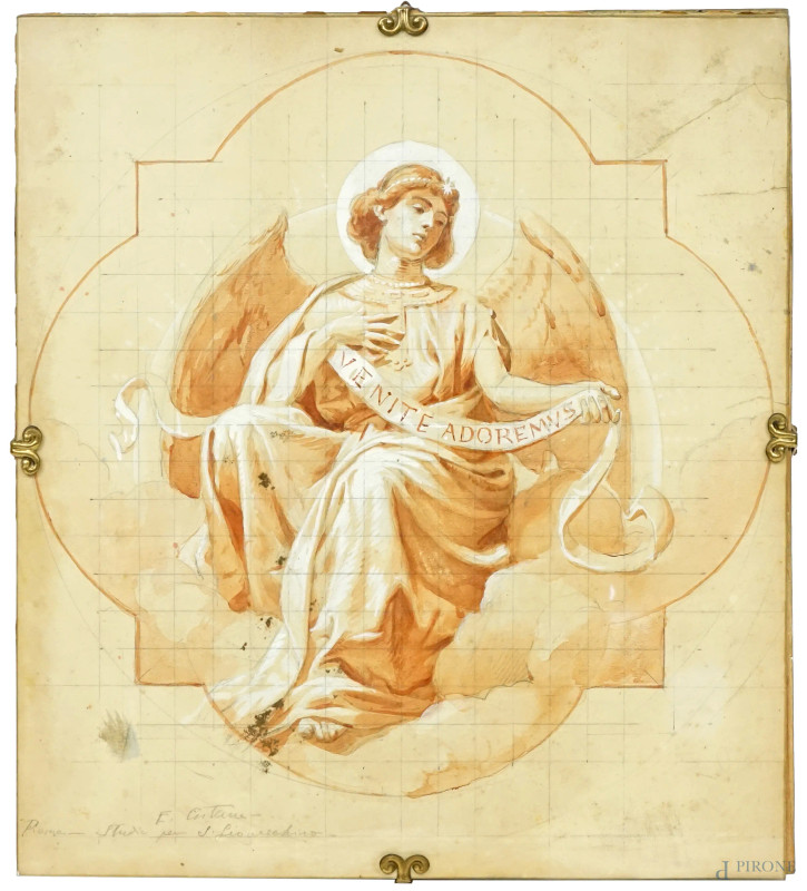 Eugenio Cisterna : Venite Adoremus - Angelo con cartiglio, studio per la decorazione della Chiesa di S. Gioacchino, disegno a tecnica mista su carta, cm 41,5x38, (macchie sulla carta).  - Asta ASTA A TEMPO DI ANTIQUARIATO E ARTE MODERNA - Aste Pirone