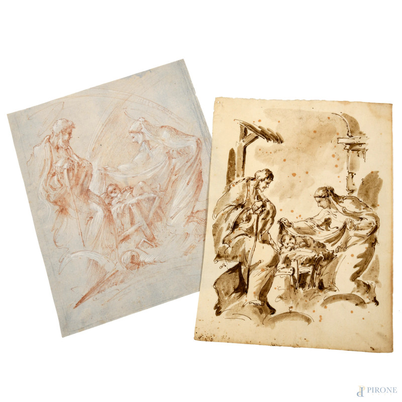 Lotto di 2 disegni rappresentanti Sacra famiglia, XIX secolo, tecnica mista su carta, cm 27x19, (ondulazioni della carta, foxing, lieve usura)  - Asta ASTA A TEMPO | VARIÆ - Aste Pirone